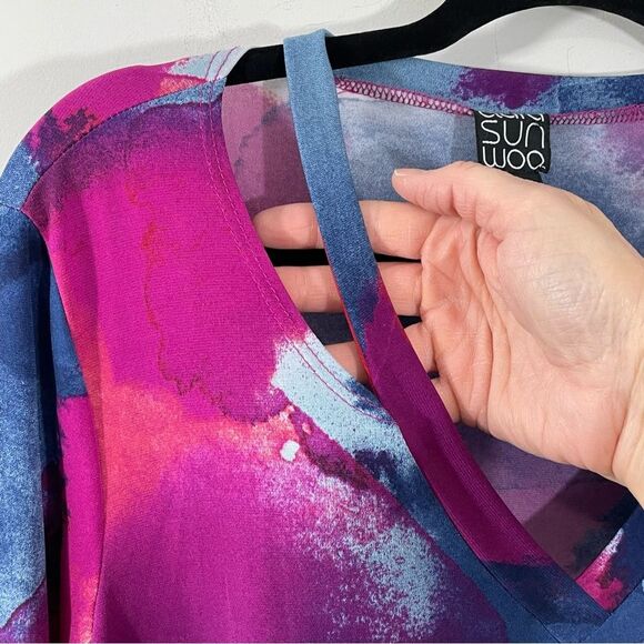 Clara Sunwoo Multicolor Abstract Print Cut Out V-Neck Asymmetric Tunic Top Sz XS - Picture 3 of 5